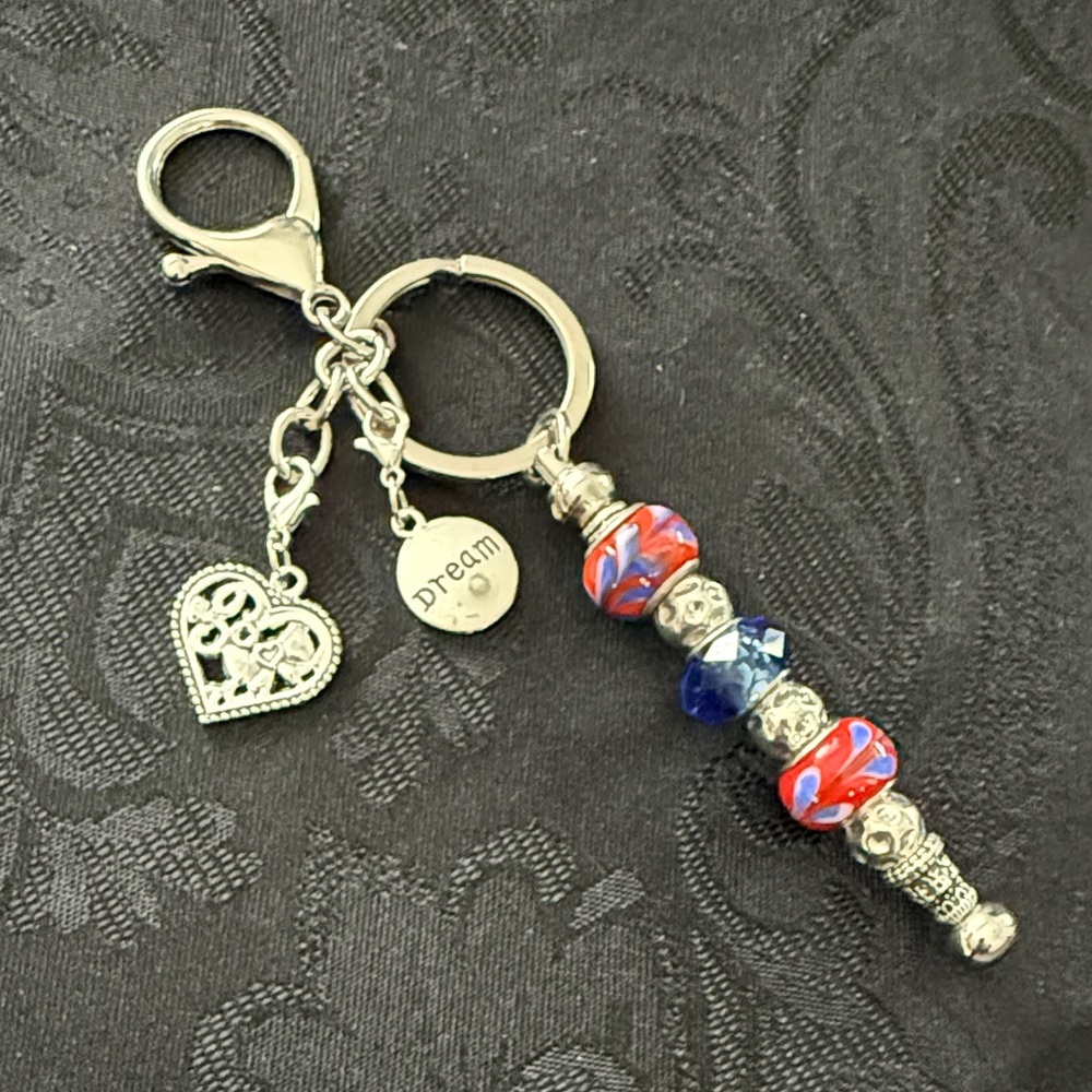 Beautiful Red & Blue Beaded Key and Card Holder Charm